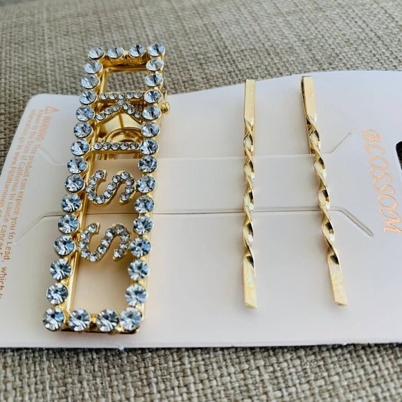 Hair clips fashion pins Rhinestone Gold Deco Hair Clips "KISS" set of 3 PCS - Picture 4 of 7